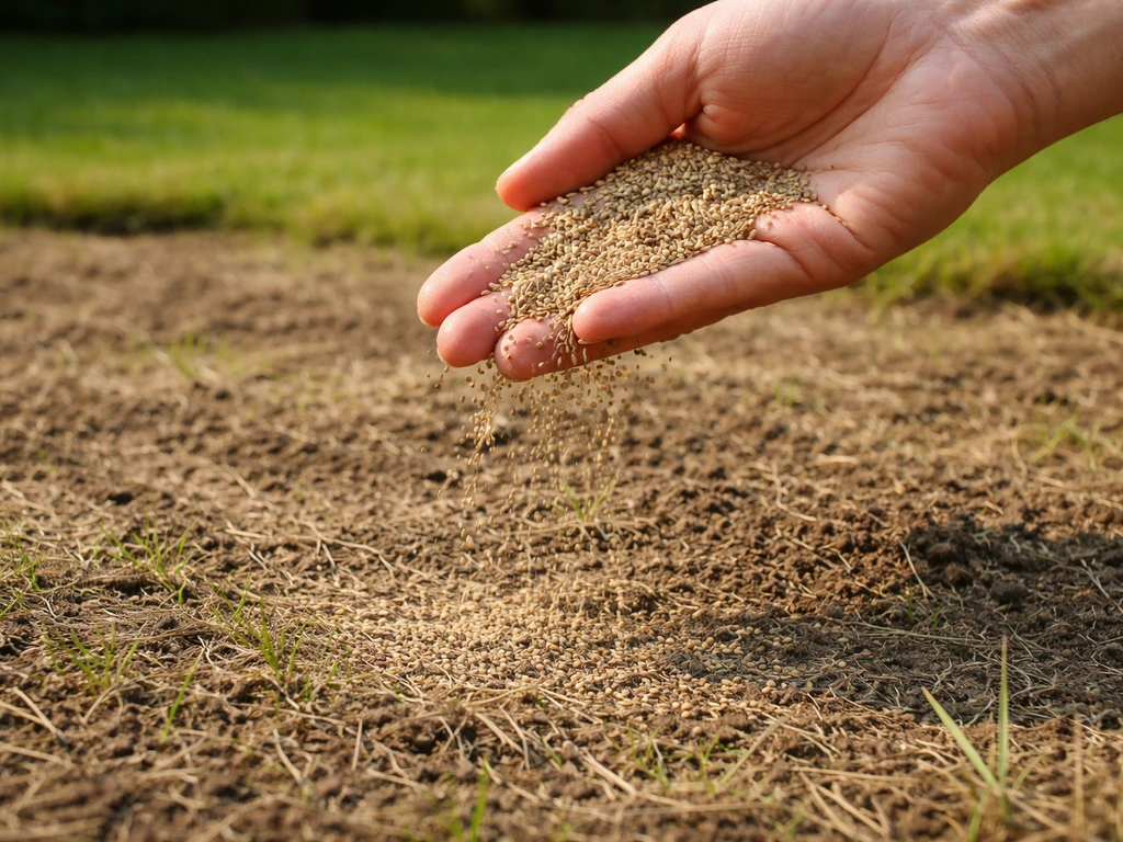 Hand die grasmengsel instrooit op kale grasstroken na verticuteren, met vers ingezaaide grond zichtbaar.