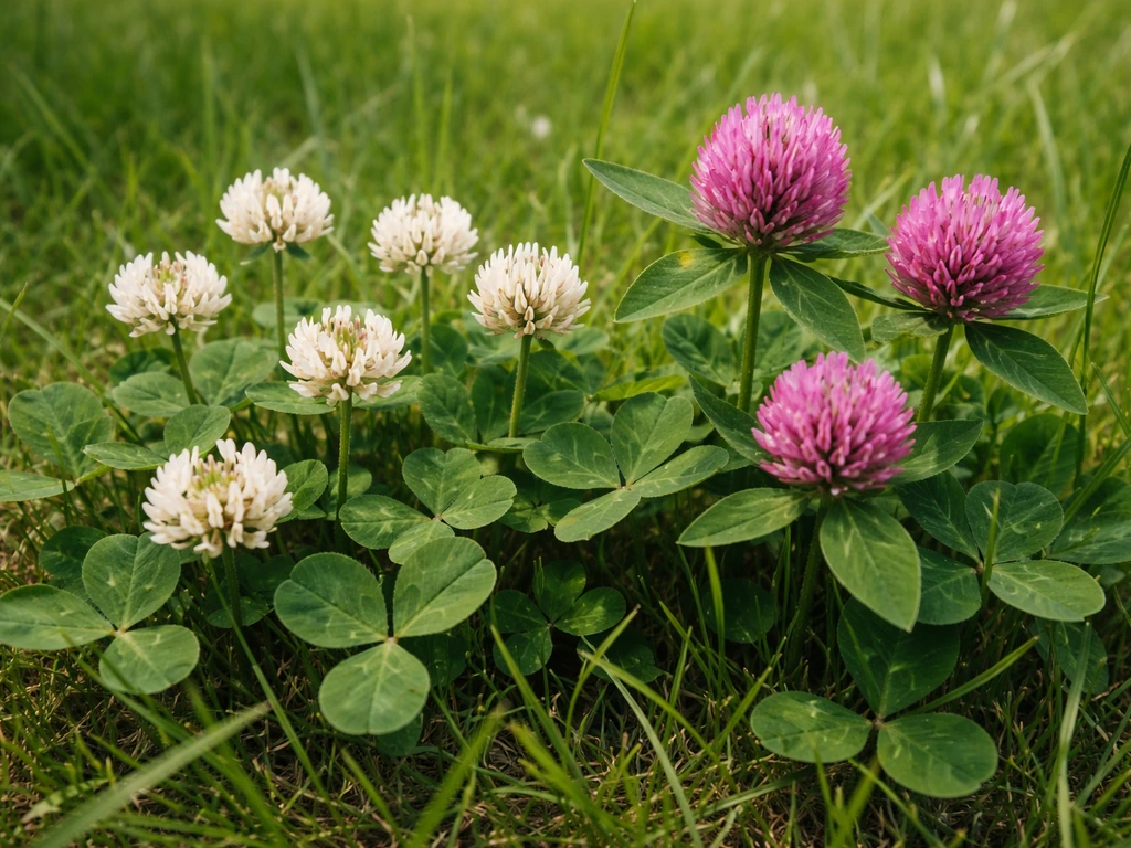 Close-up van witte en rode klaver in een gazon, met duidelijke bladeren en bloemen tussen het gras.