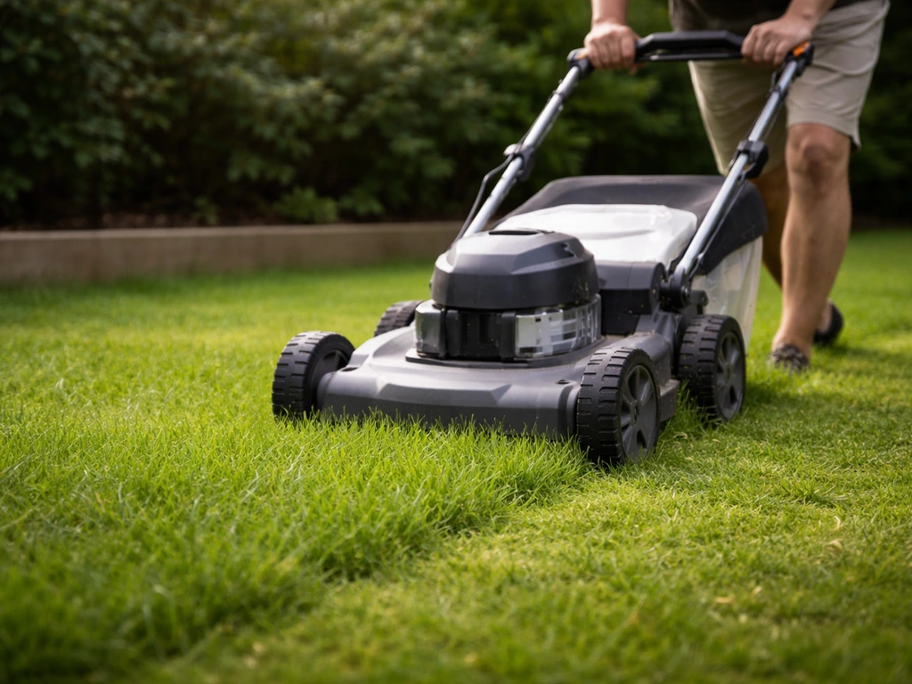 Iemand die een gazon maait op hogere stand (5–6 cm), met kort groen gras in een rustige tuin.