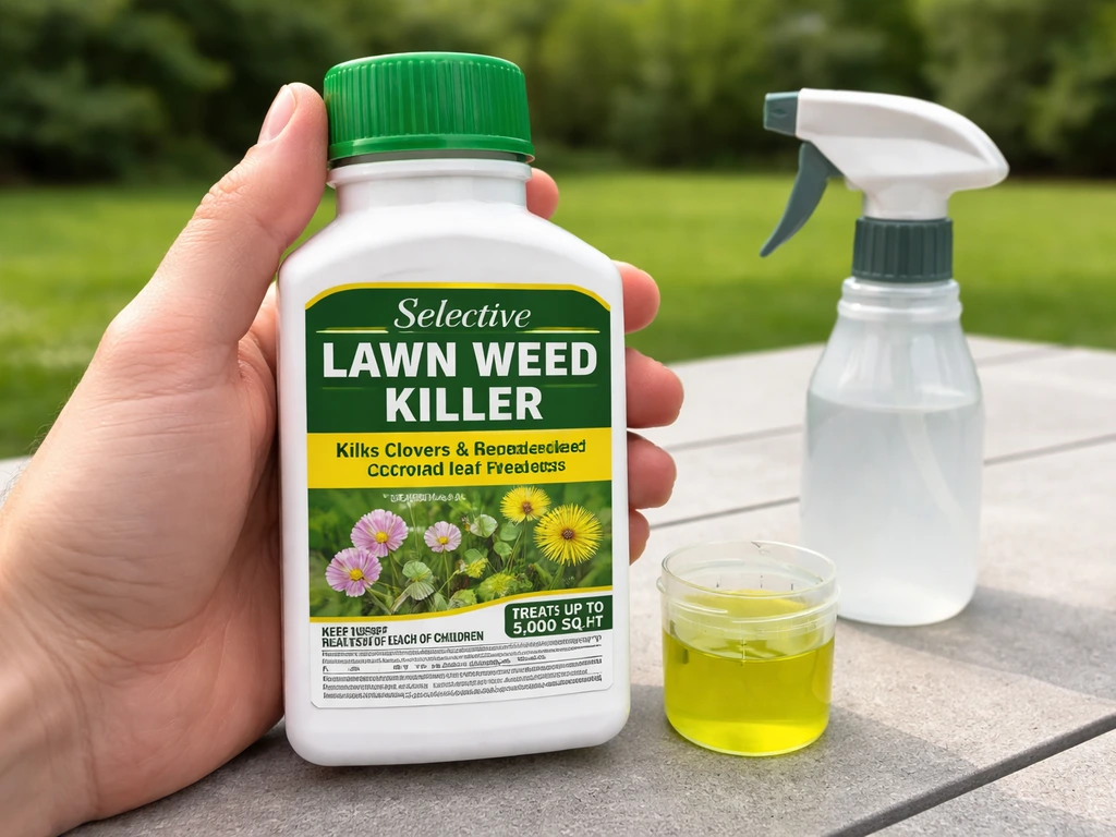 Hand met fles selectieve gazonherbicide tegen klaver op tafel, met losse dop en tuinsproeier.