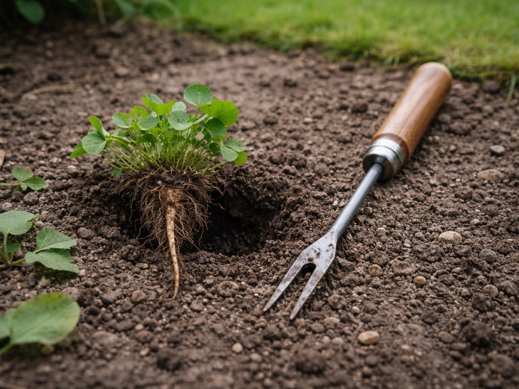 Uitgegraven klaverplant met zichtbare wortel en een wortelsteker naast het gat in de tuinbodem.