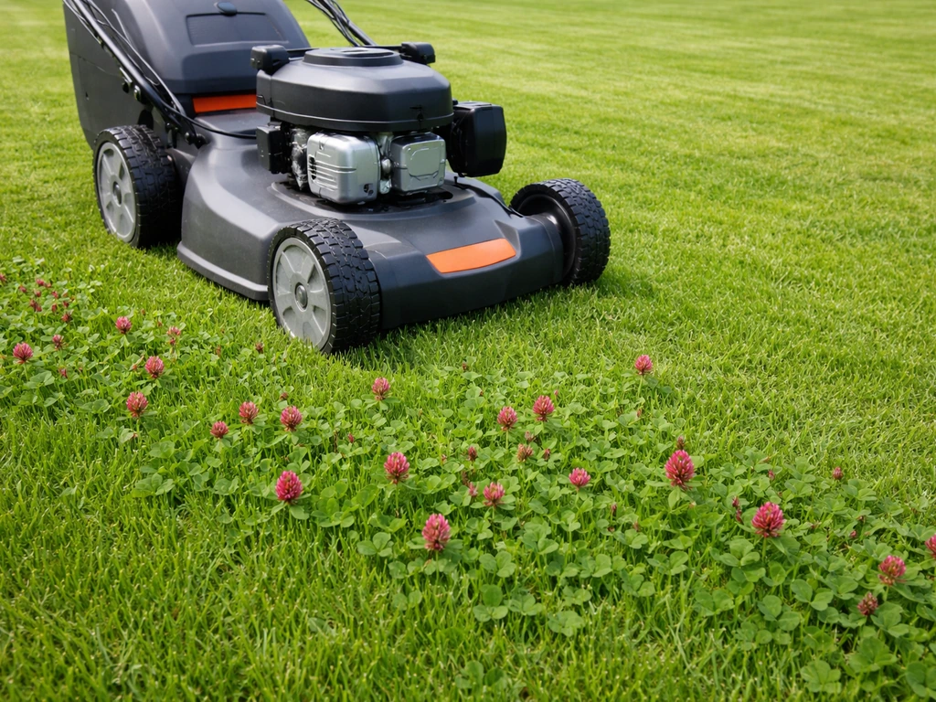 Maaimoment op een gazon met rode klaver tussen het gras, maaier die laag maait (4–5 cm).