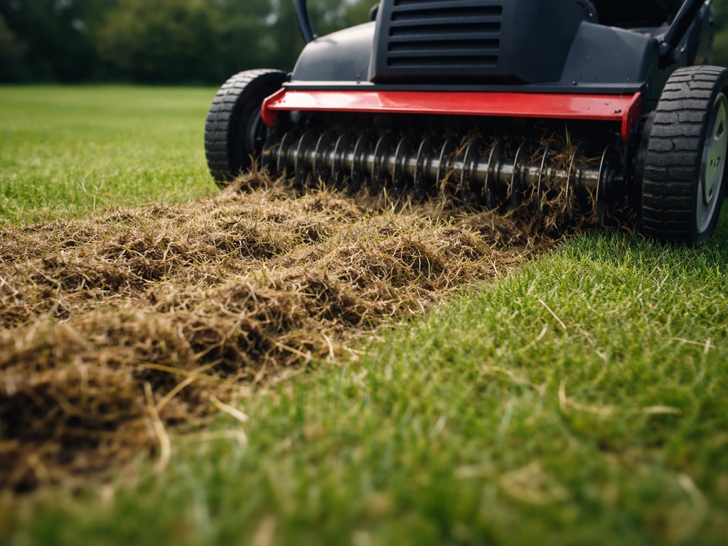 Verticuteer/gazonmachine die grasvilt uit de grasmat kamt, met losgekomen materiaal op het gazon.