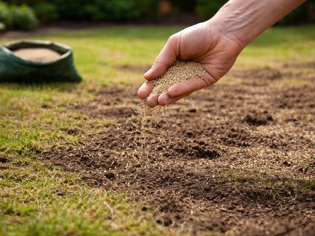 Graszaad wordt direct na beluchten over een verticuteerd gazon uitgestrooid, met zaad en wat zand zichtbaar.