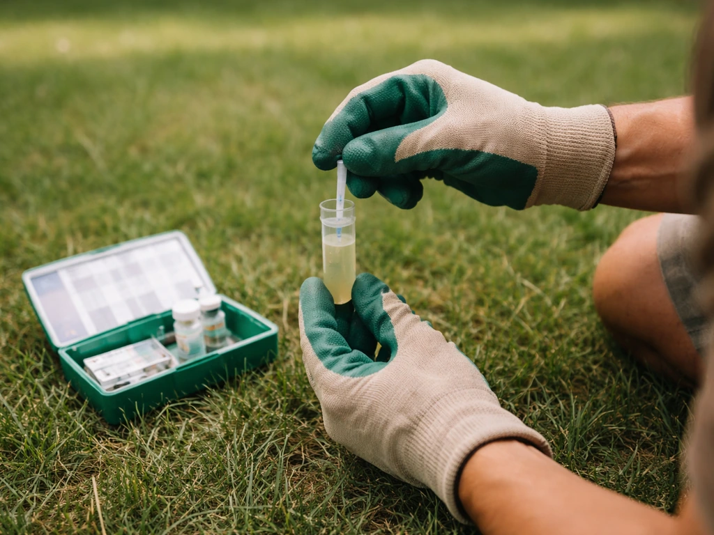 Iemand meet de bodem-pH van het gazon met een testset op een grasveld