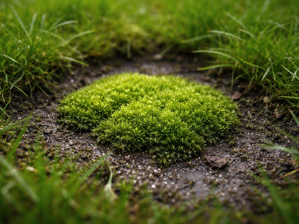 Close-up van mos tussen het gras op een vochtige, schaduwrijke plek in een gazon