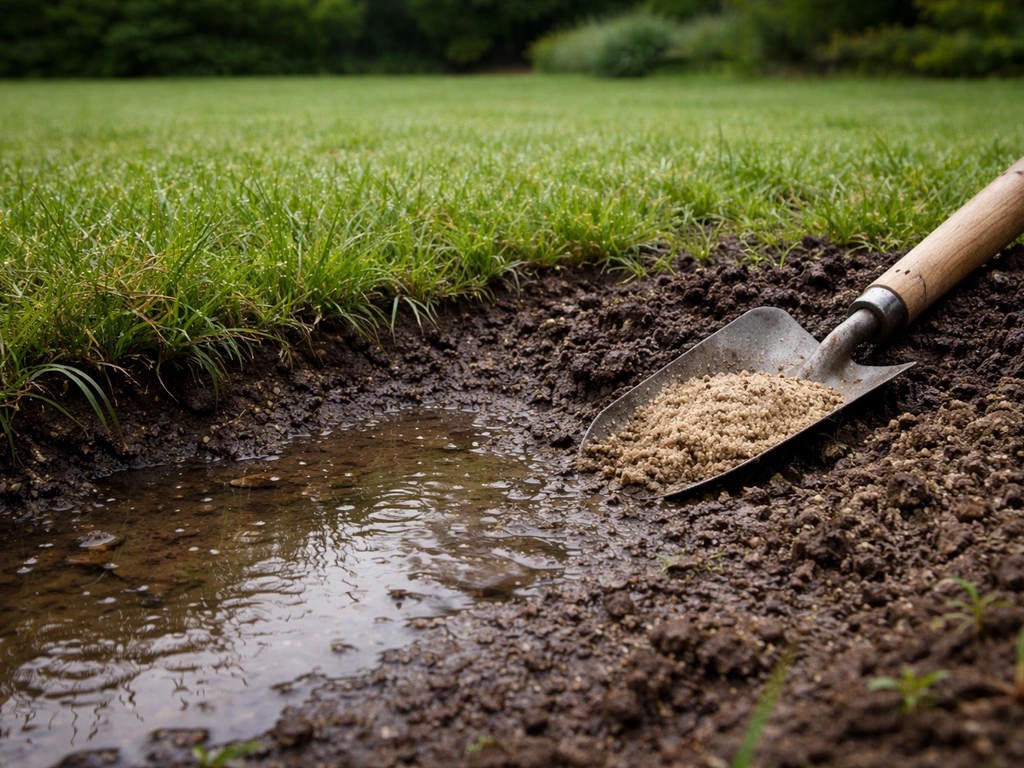 Natte tuinplek met plas en handvol bouwzand dat is ingewerkt voor betere waterafvoer.