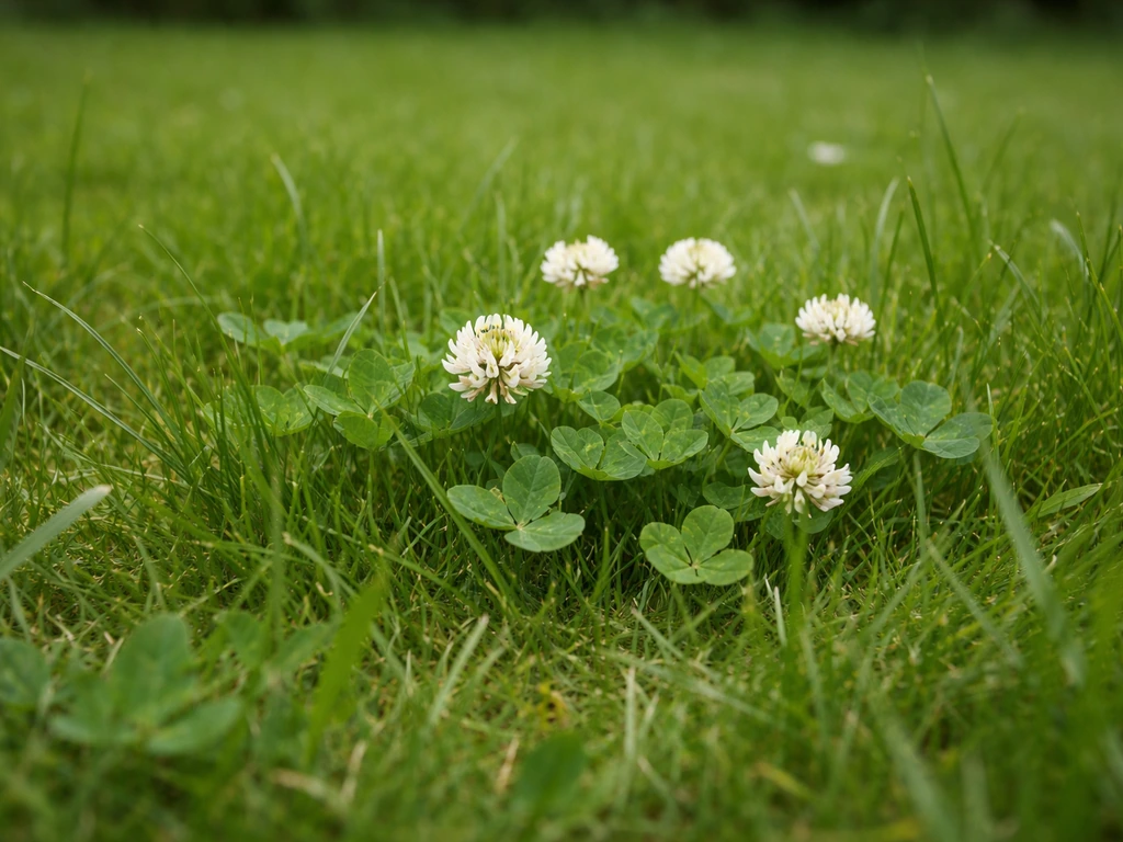 Close-up van een Nederlands gazon met witte klaver tussen het gras, duidelijke klaverplek.