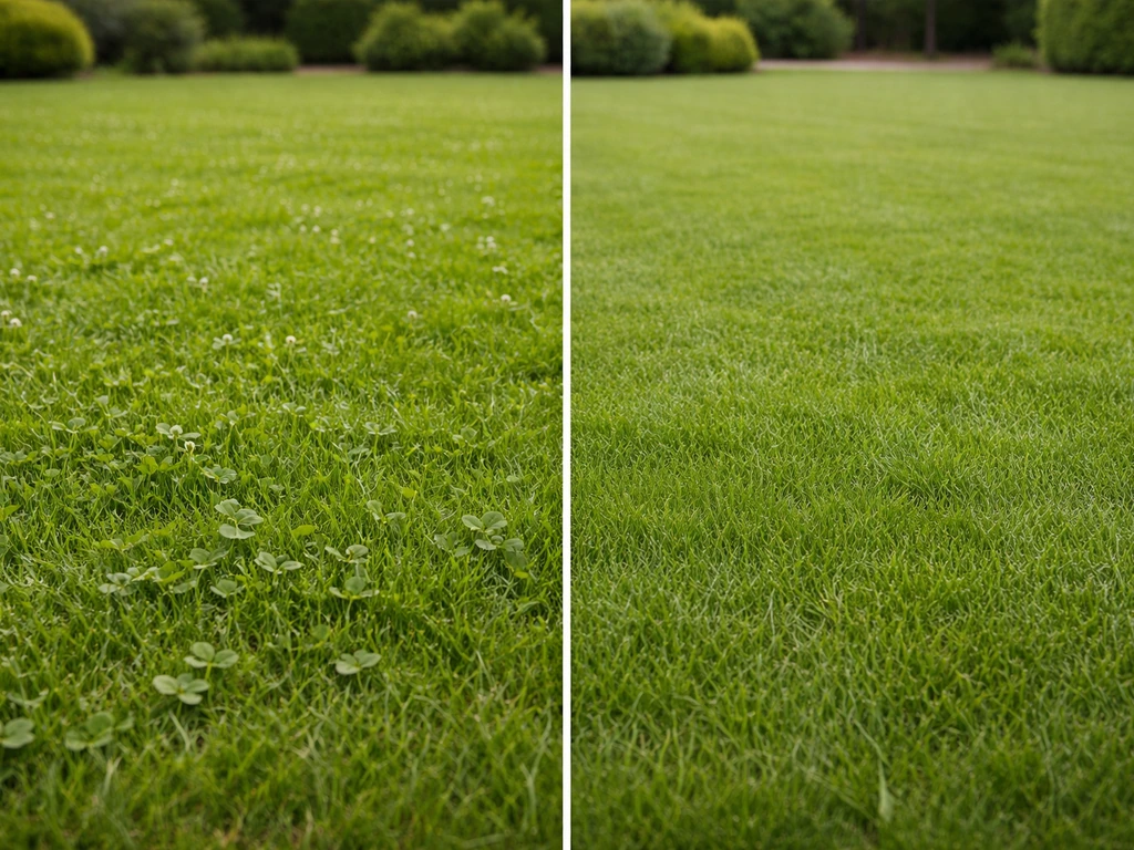 Minimalistisch gazonbeeld met klaver voor en na een natuurlijk onderhoudsregime, zonder chemie.