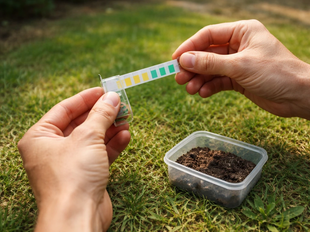 Hand met bodem-pH testkit boven gazon, met kleine bodemmonster-bak op de achtergrond.
