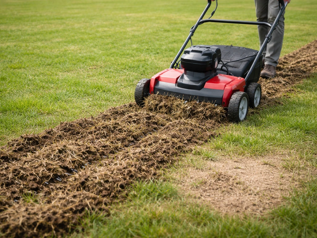 Beluchter/verticuteer-werktuig in gebruik op een gazon met losgekomen grond en plantresten zichtbaar.