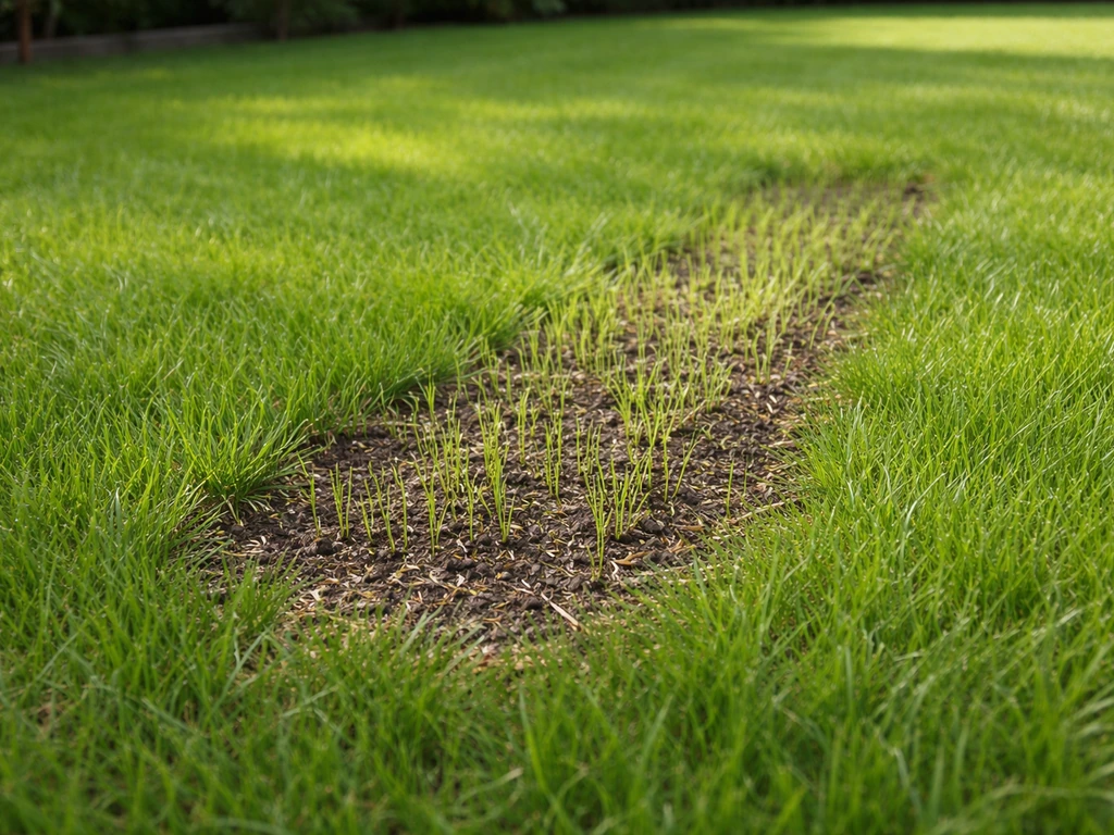 Gezond, goed gesloten gazon met ingezaaide herstelde plek waar vers gras al opkomt.