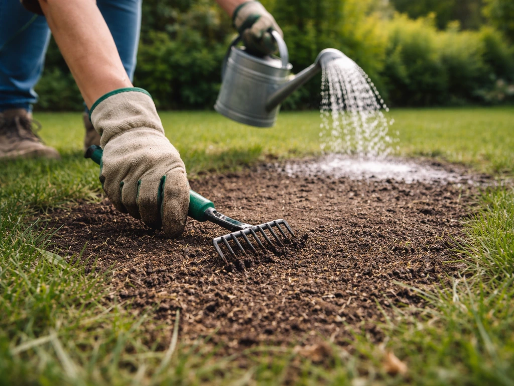 Handschoenen en gieter bij ingezaaide kale plek in het gazon, afgedekt en bewaterd in een rustige tuin.