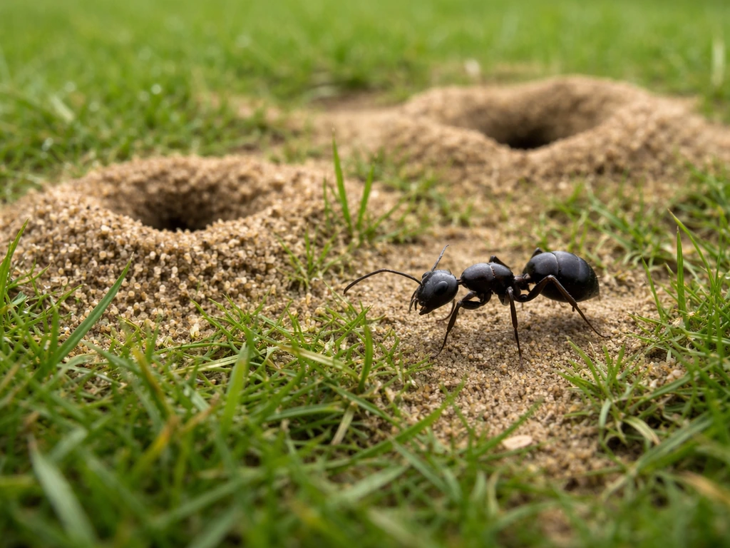 Close-up van een zwarte tuinmier op gazon met kleine zandkegeltjes en lichte beschadiging van het gras.