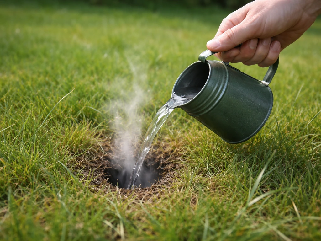 Kokend water wordt voorzichtig gegoten op een nestopening in het gazon, dicht bij de grond.