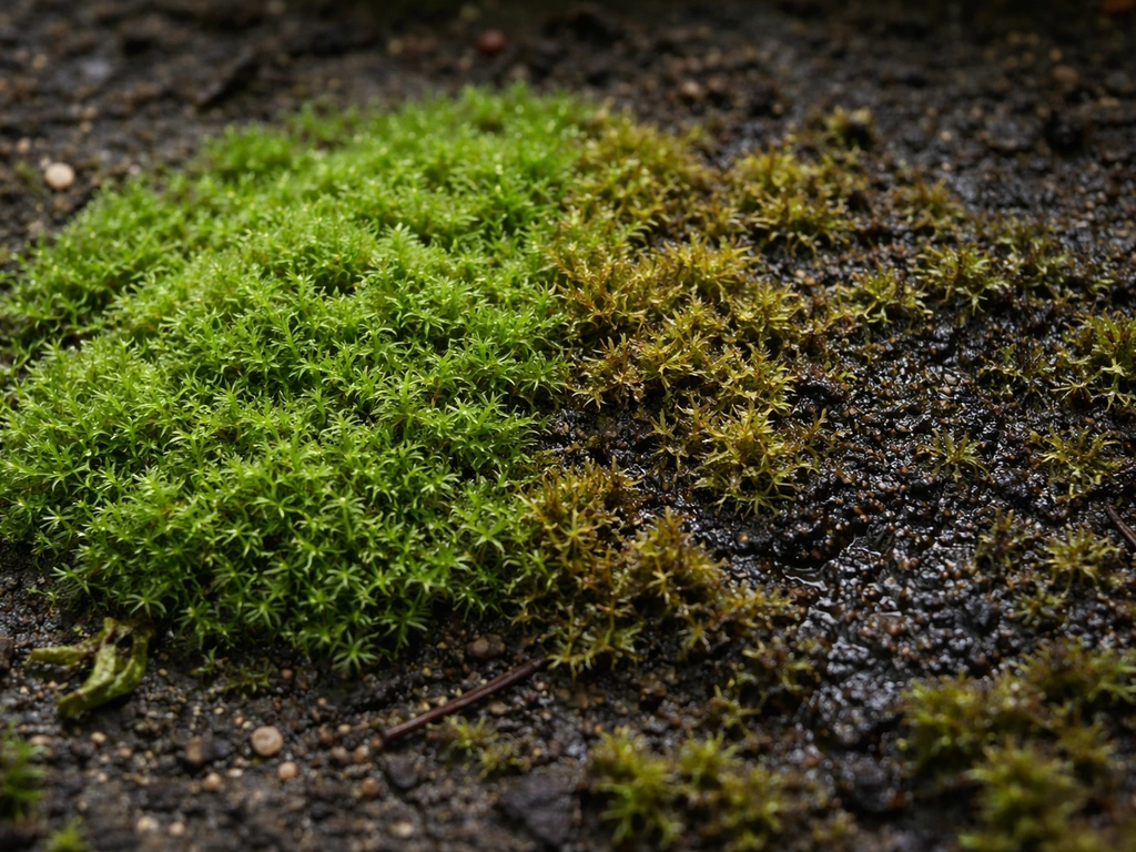 Close-up van vochtig mos dat na ijzersulfaat van groen naar geel/zwart verkleurt.