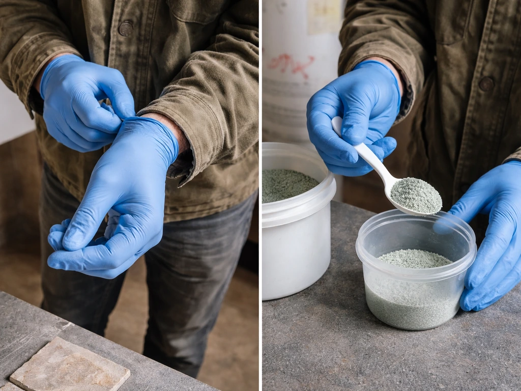 Handschoenen en oude kleding bij het mengen van ijzersulfaat in een kleine kunststof bak, met subtiele veiligheidstekens