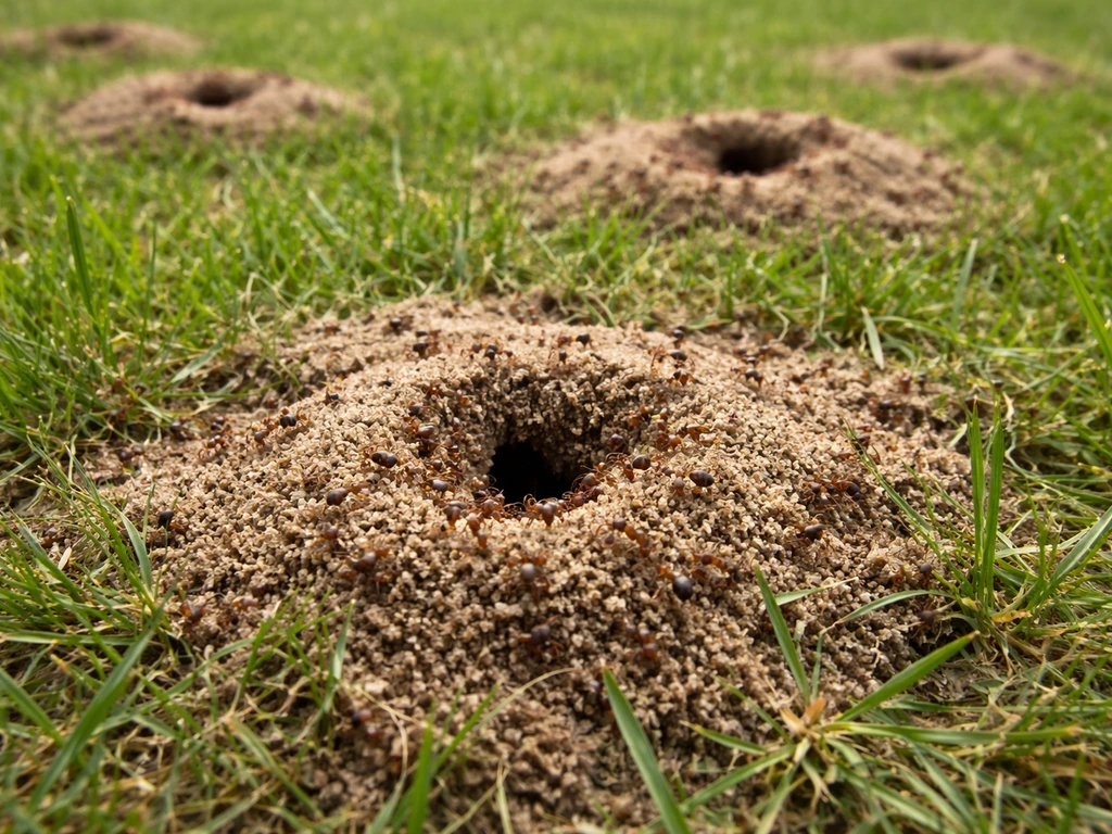 Close-up van rode mierenhoopjes in het gazon met los zand en beschadigd gras.