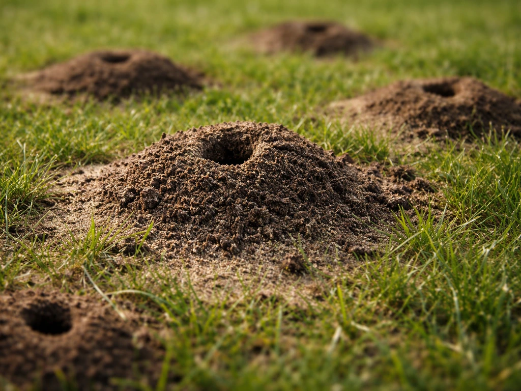 Kleine nestheuveltjes van aarde en zand op en naast graszoden, met openingen die de aanwezigheid van gravers verraden