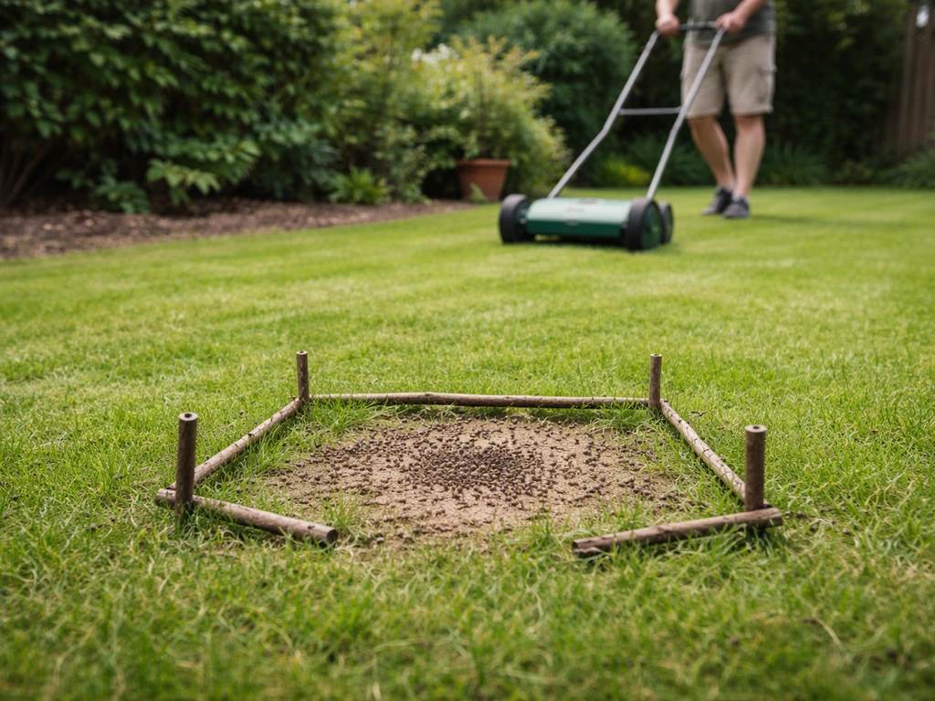 Handen die met een handmaaimachine voorzichtig het gras kort houden bij een gemarkeerde mierennestlocatie.