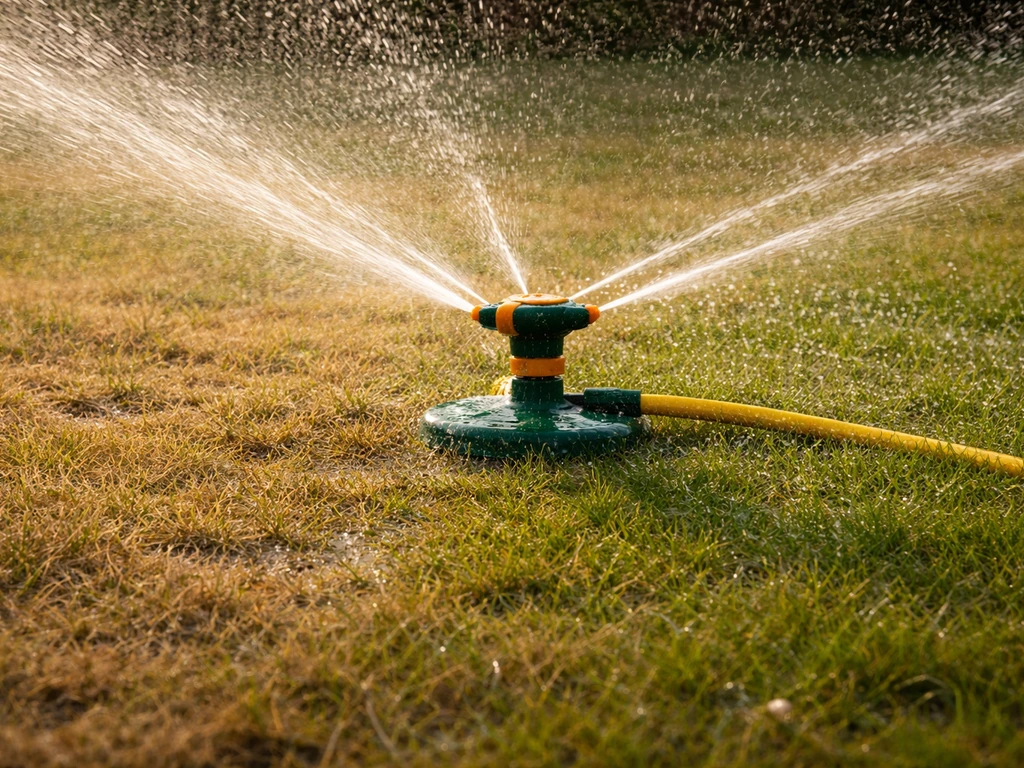 Een sproeier die een droog stuk gazon gelijkmatig nat maakt, met zichtbare waterstraal op gras