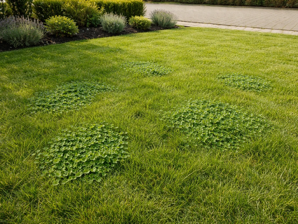 Nederlands gazon met zichtbare klaverplekken tussen het gras, netmoment waarop je het bestrijden bekijkt.