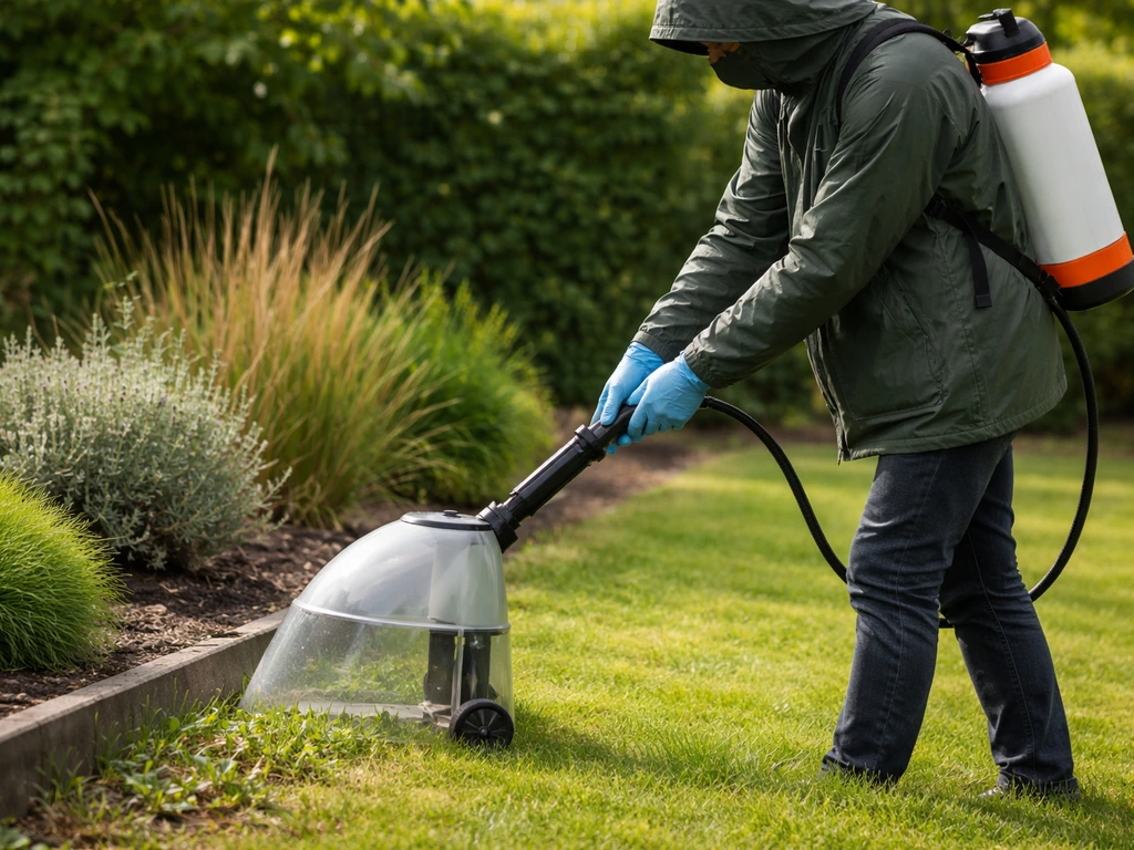 Tuinier met handschoenen en regenjas bij droge dag, afgeschermde spuit/breedspreider voor chemische behandeling