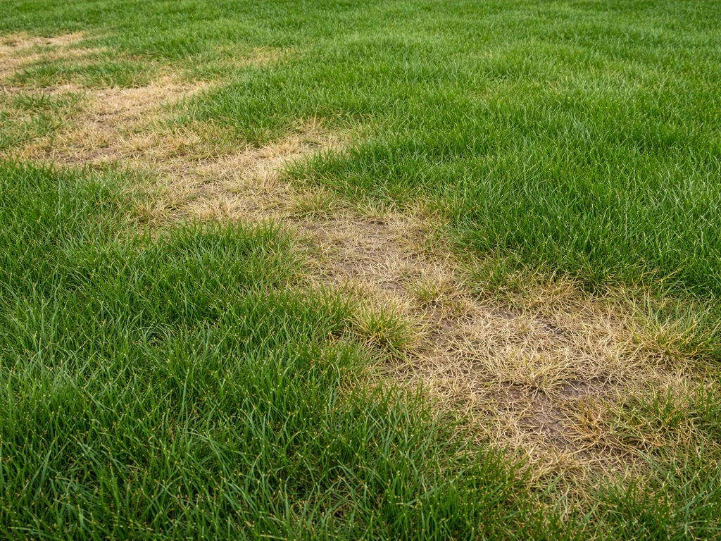 Groen gazon met onregelmatige gele plekken en een scherpe overgang naar gezond gras, alsof wortelluis is gesignaleerd.