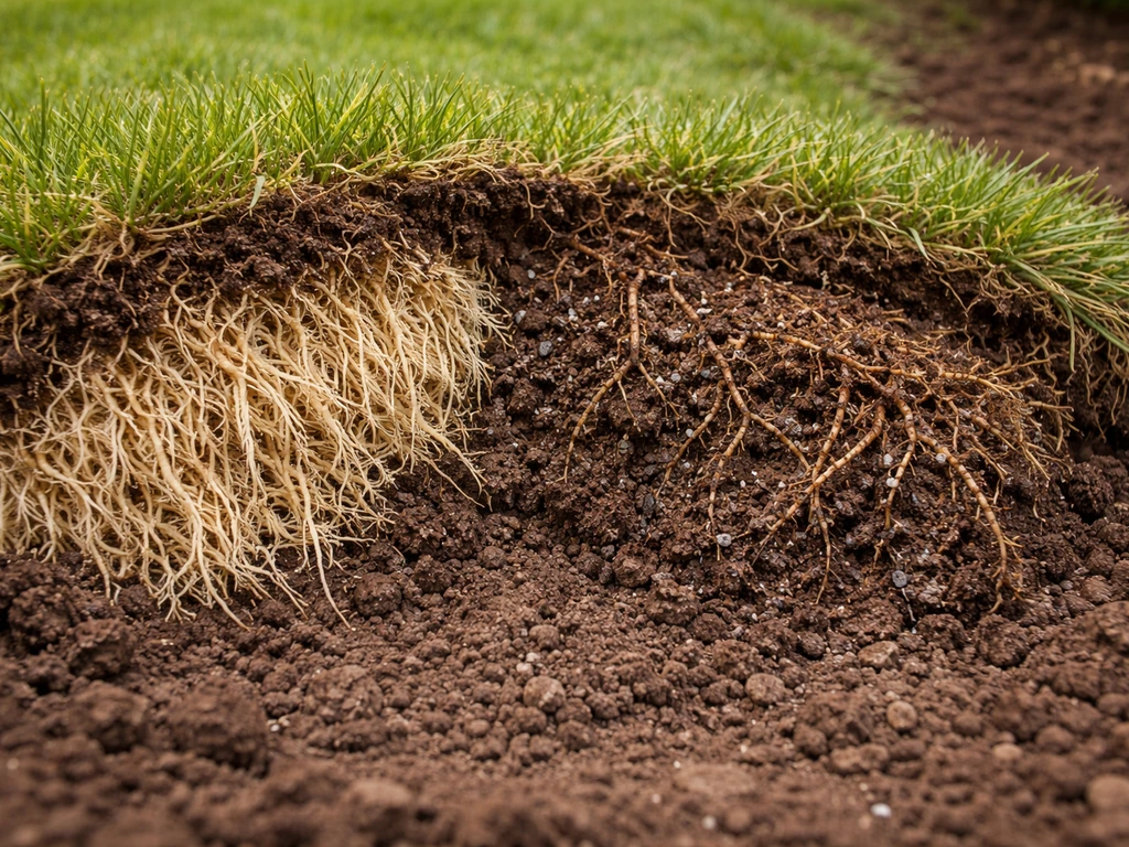 Omgeslagen graszode met zichtbare wortels: gezonde witgele wortels in één deel en beschadigde wortels in ander deel