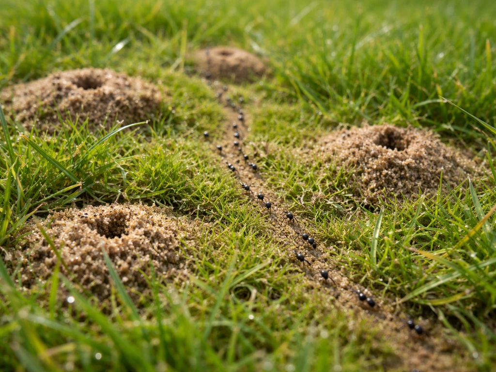 Dichtbij shot van gazon met zandhoopjes en een mierenroute tussen het gras, duidelijk mierenactiviteit.