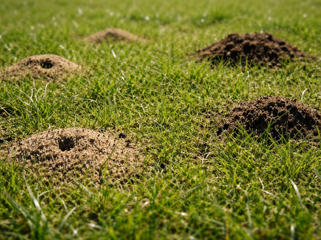 Zonnige plek in het gazon met kleine zand- en aardhoopjes en zichtbare gaatjes van mierenactiviteit.