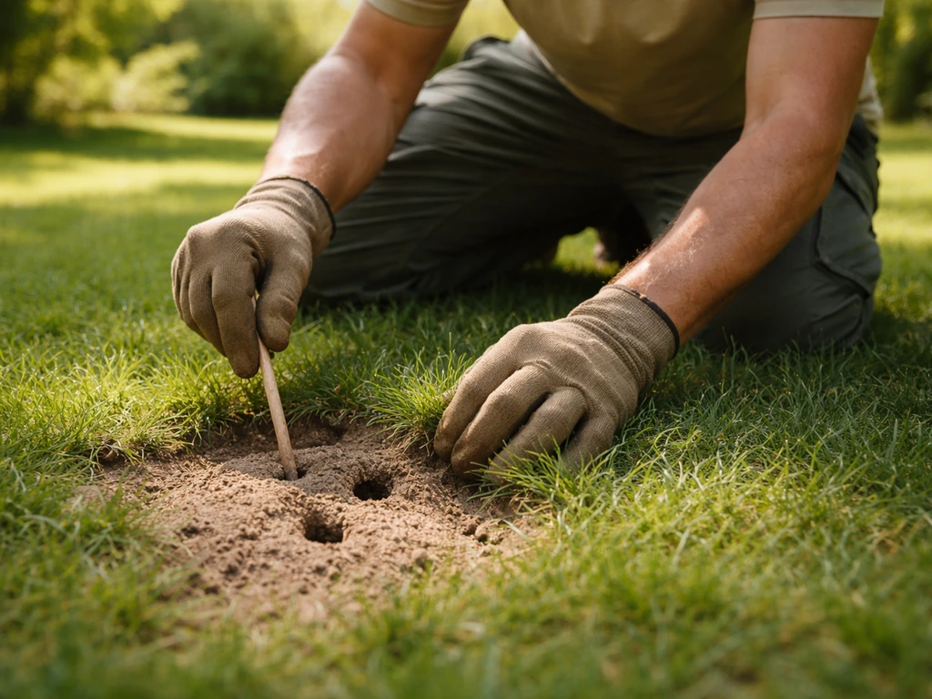 Anonieme tuinier knielt bij een zandhoopje in het gazon en markeert voorzichtig een nestlocatie.