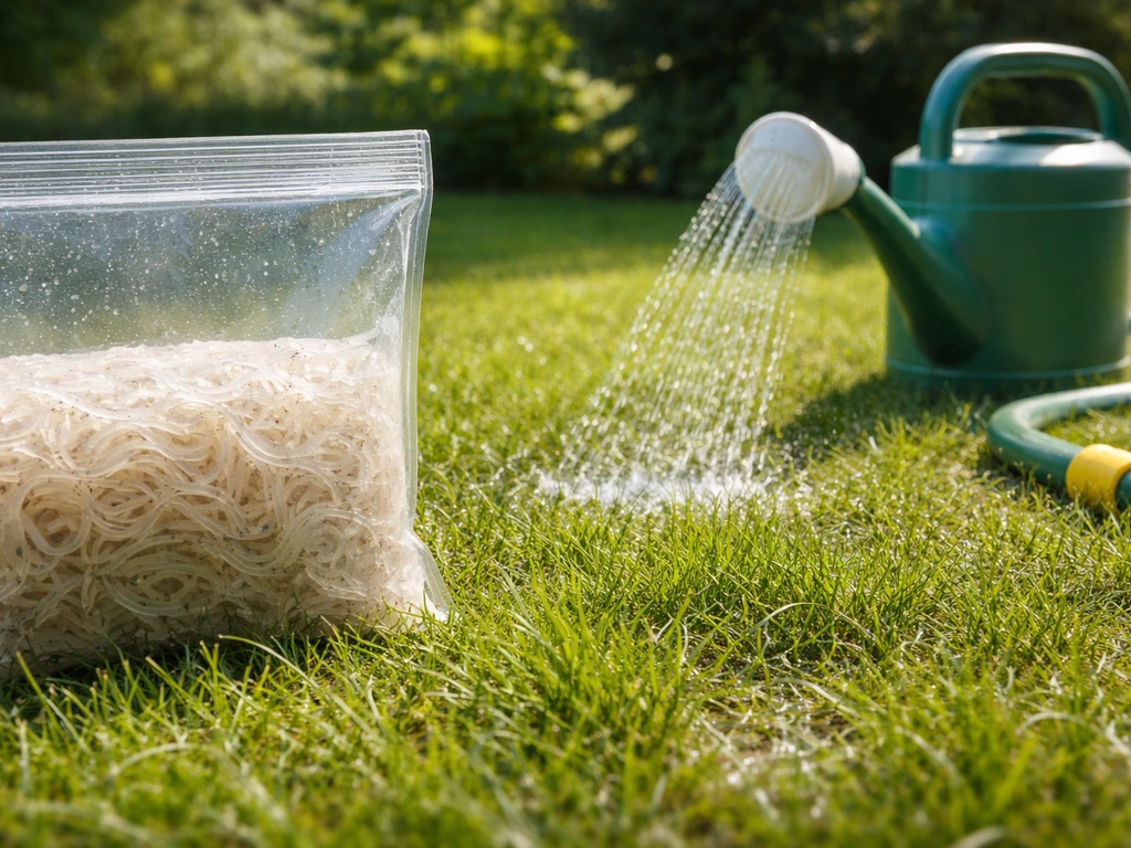 Close-up van nematoden in verpakking naast een gieter die water op het gazon giet.