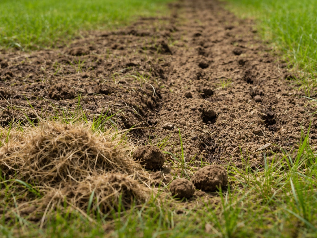 Links viltlaag en verdichte grond, rechts beluchte/verticuteerde strook met losse aarde en betere wortelcontact.