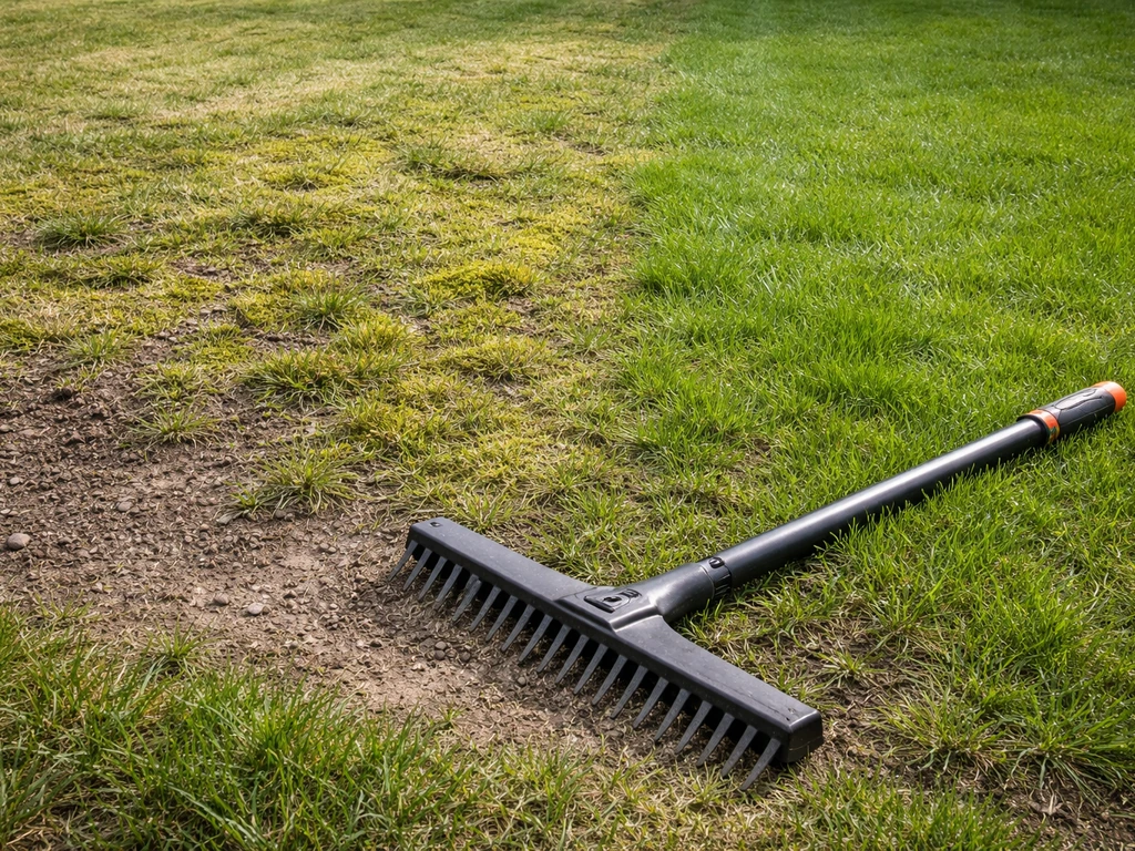 Overzichtsfoto van een gazon met duidelijke mosplekken en een verticuteur/ mos-hark die klaarstaat bij het gras.