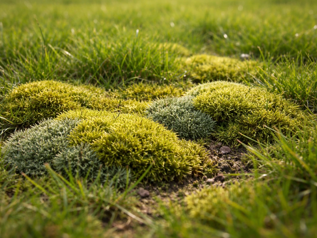 Close-up van grijsgroene en geelgroene mosmatten tussen het gras, met duidelijke textuurverschillen.
