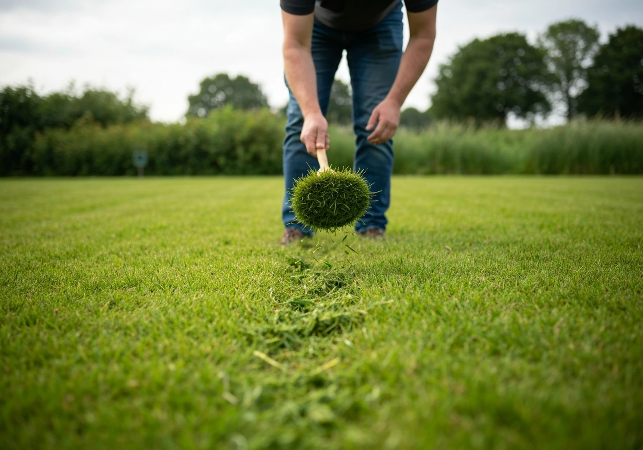 Een handmatige strooier verspreidt kalkkorrels over een groen gazon in een rustige Nederlandse achtertuin.