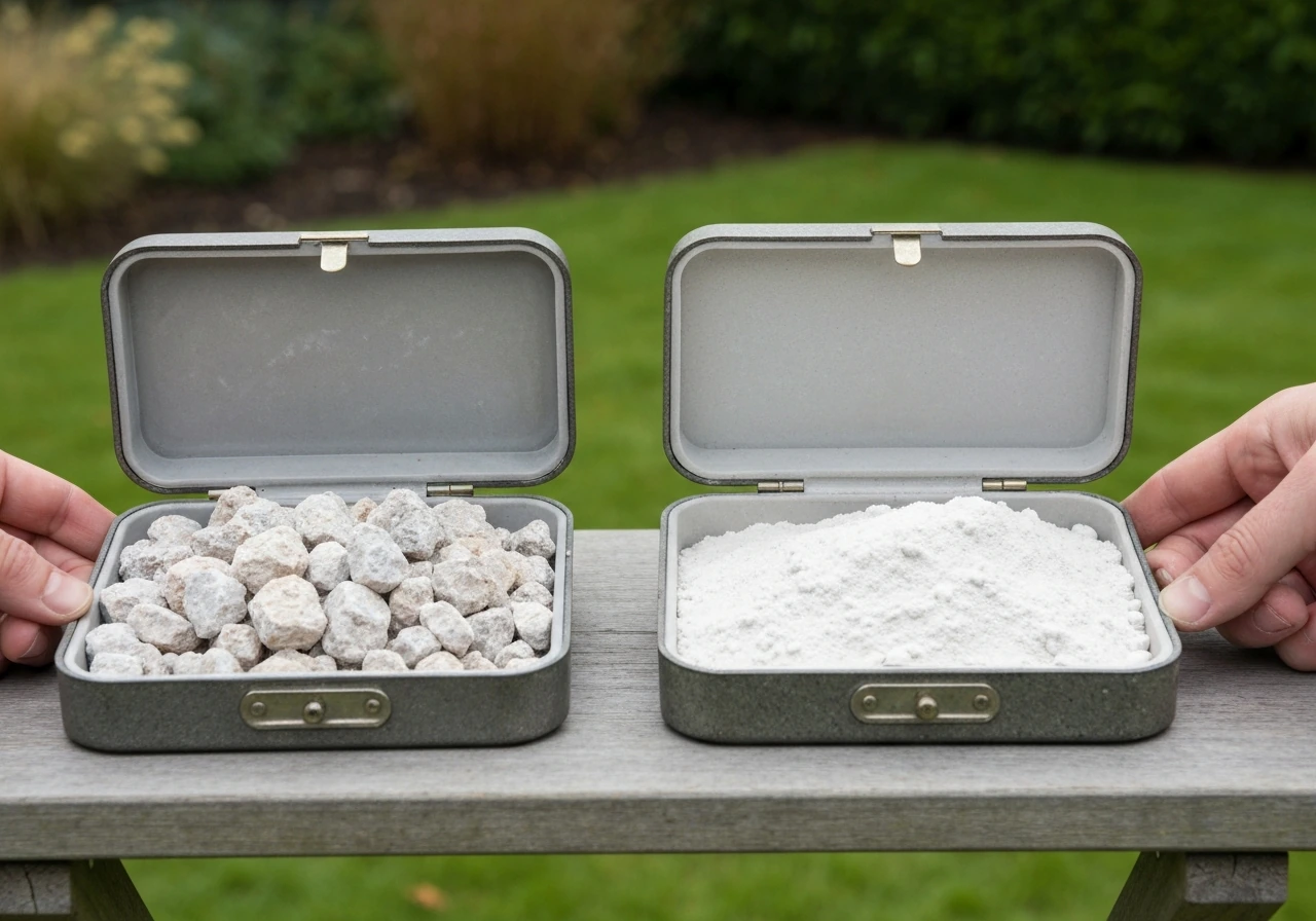 Twee zakken met kalkkorrels—dolomitkalk met gemengde korrels en gazonkalk met fijner witte korrels—op een tuintafel.