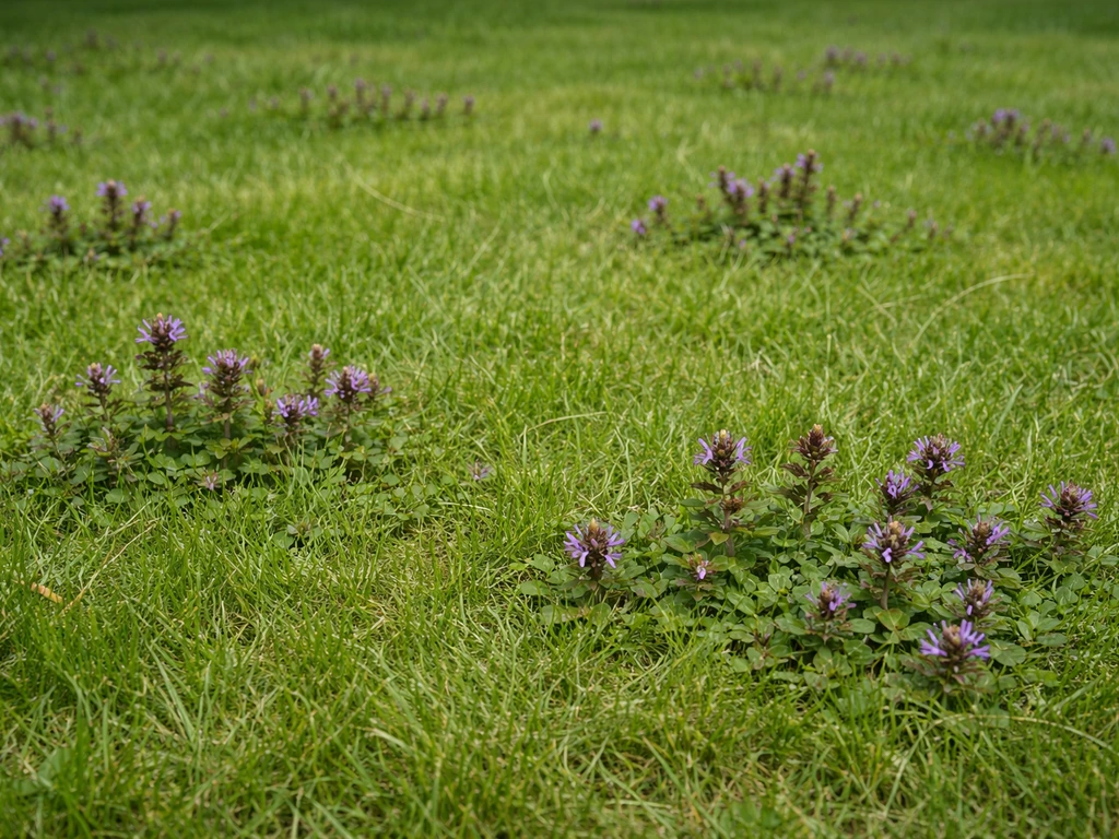 Groen gazon met duidelijk zichtbare brunelplekjes tussen het gras, paarse bloeiaartjes en uitlopers
