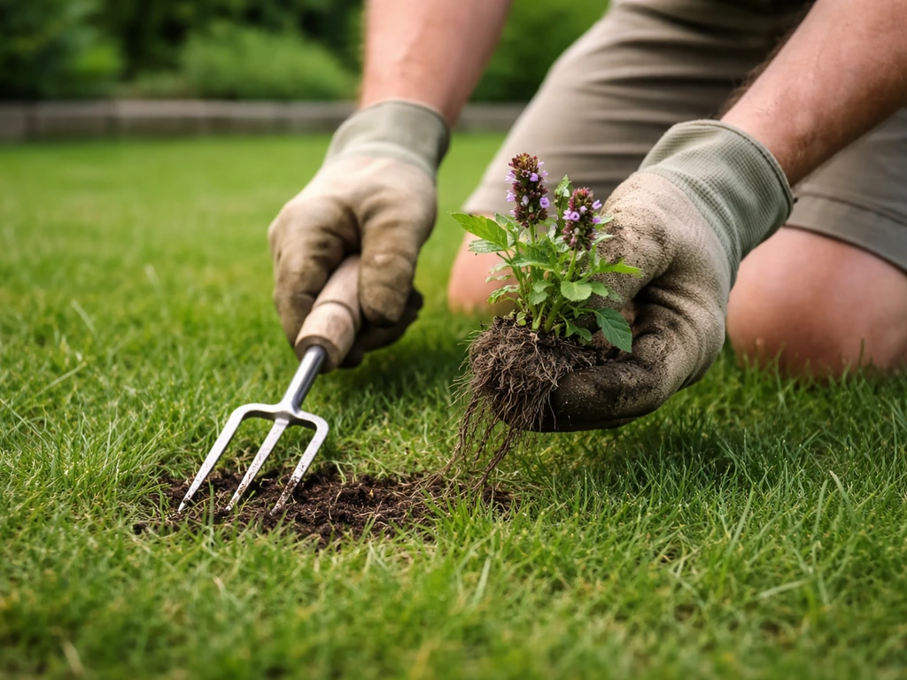 Tuinier steekt brunel handmatig uit: handen met onkruidsteker rond één plant, in kort gazon.