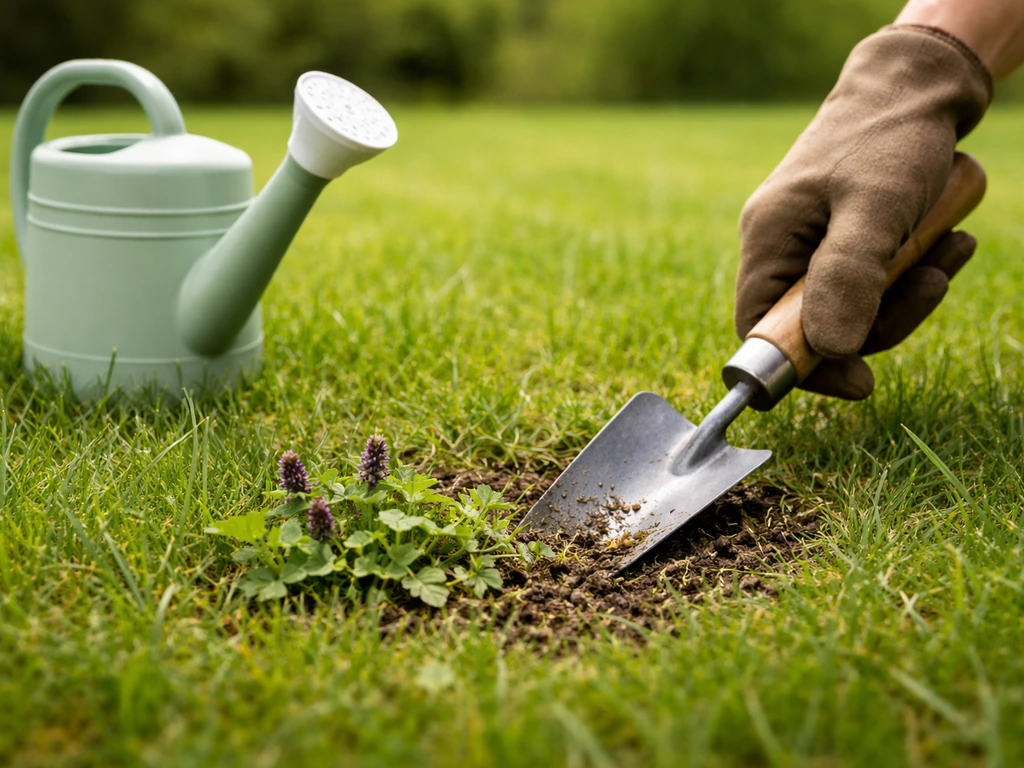 Hand die een brunelplek in het gazon behandelt met gieter en handspade, bij daglicht.