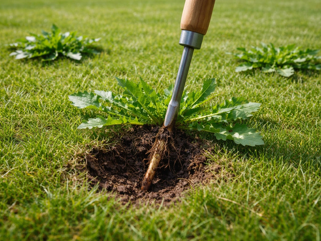 Groen gazon met duidelijke paardenbloemrozetten; wortelsteker steekt in een paardenbloem voor gerichte bestrijding.
