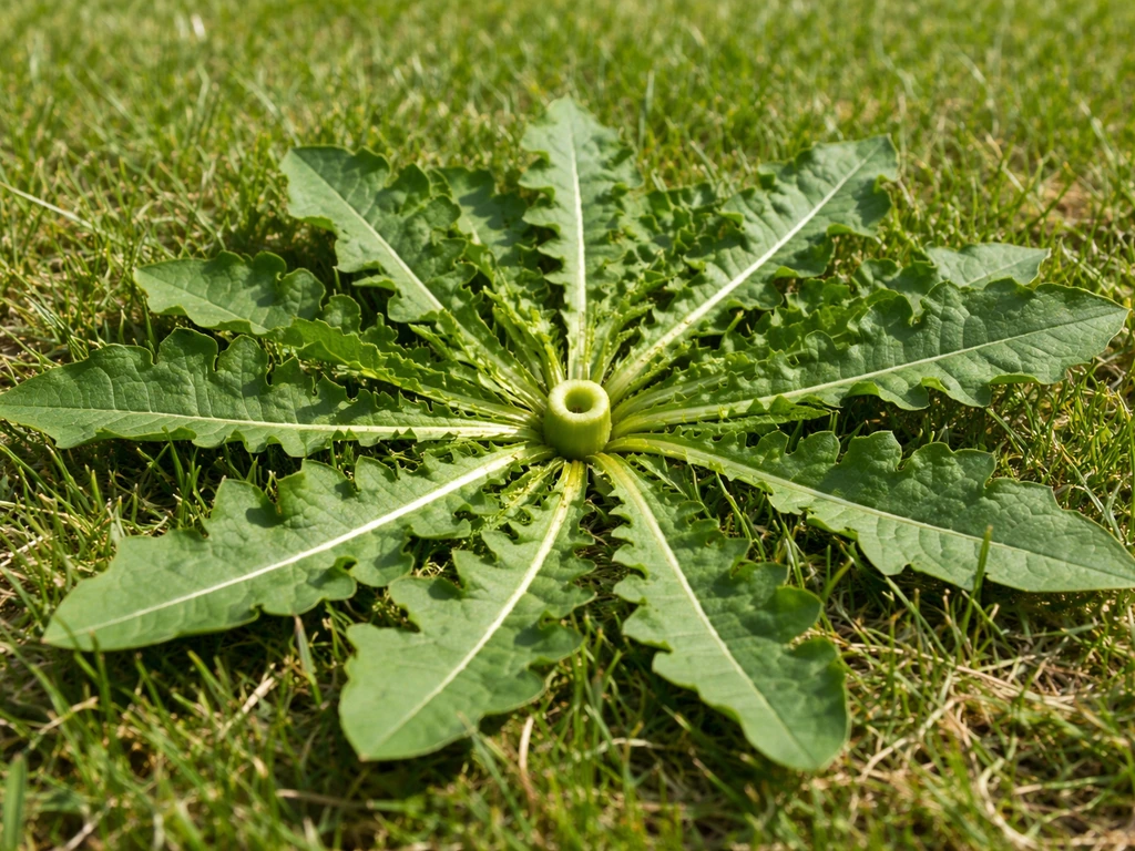 Close-up van een paardenbloemrozet in het gazon met zichtbare steel vanuit het midden.