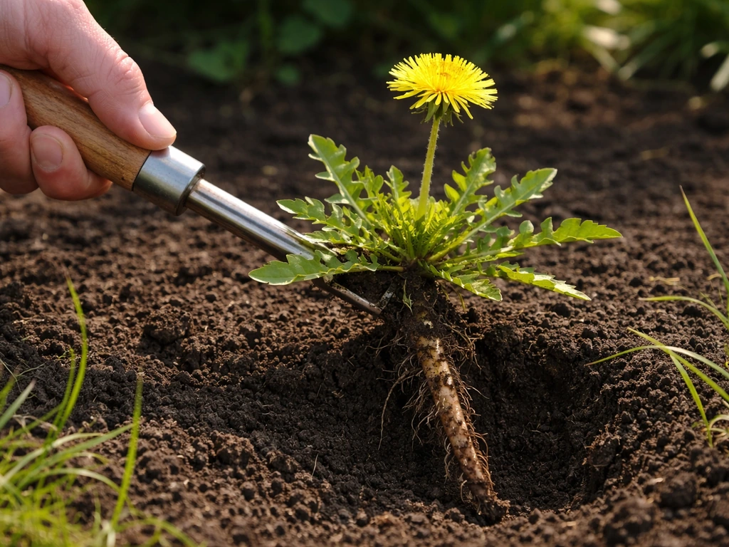 Tuinier tilt een paardenbloem met wortel uit de grond met een penwortelsteker