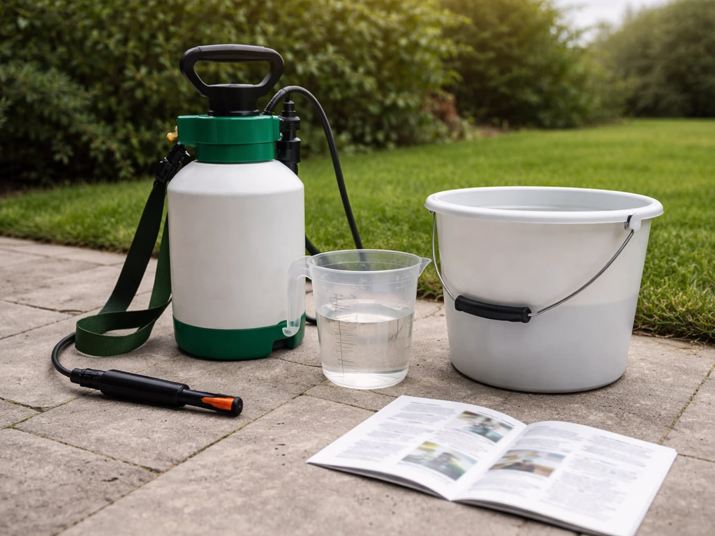 Tuinspuit met maatbeker en spuitemmer naast een open boekje met instructies, in een rustige tuinsetting