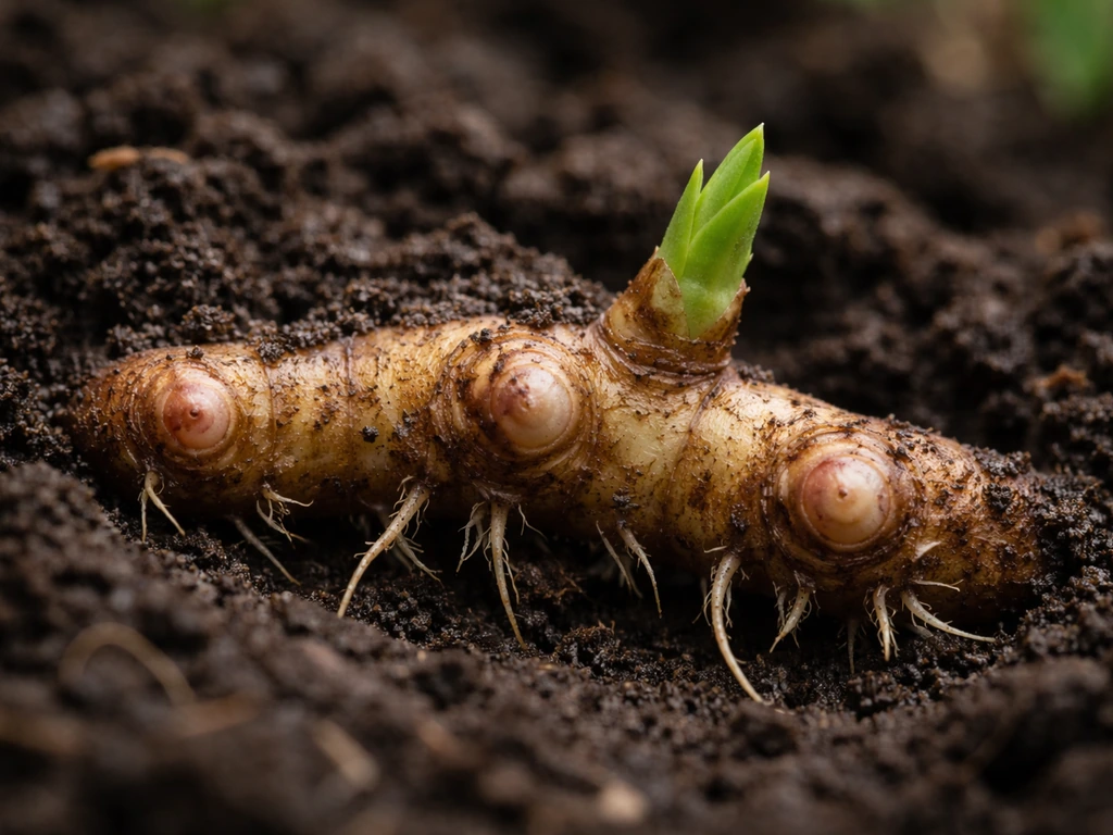 Close-up of an exposed rhizome in soil with visible nodes and early green shoots.