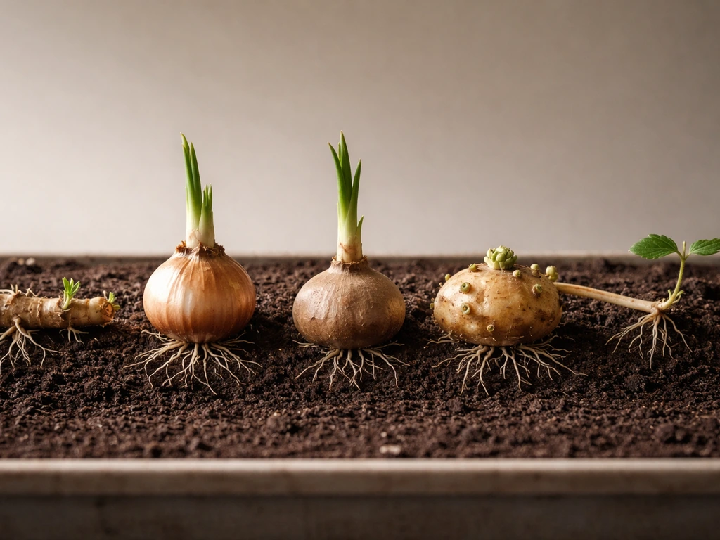 Side-by-side realistic shapes of rhizome, bulb, corm, tuber, and stolon in moist soil.