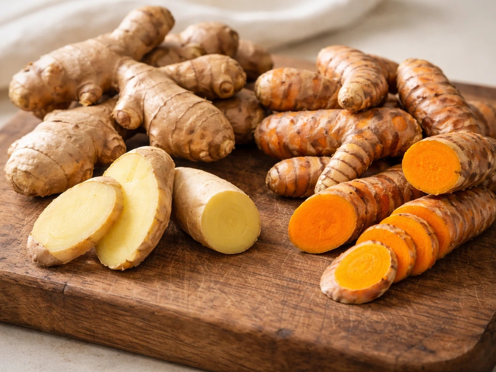 Fresh culinary ginger and turmeric rhizomes with visible nodes laid on a wooden surface.