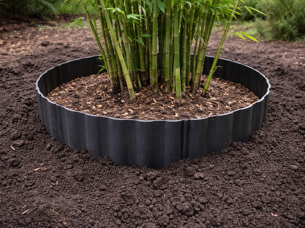 Garden soil with an installed root barrier containing running bamboo rhizomes, minimal and realistic.