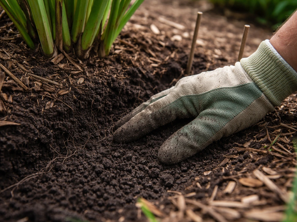 Gardener hand probing soil beside clumping perennial, with a simple line cue marking where rhizomes may spread.